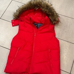 Red Women's Puffer Vest  with removable Faux Fur Hood